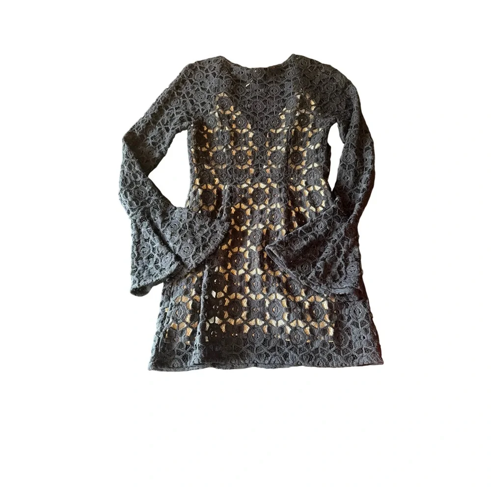 Free People Lace Mini Dress Black Bell Sleeve Boho Lace-Up Front Floral Crochet
